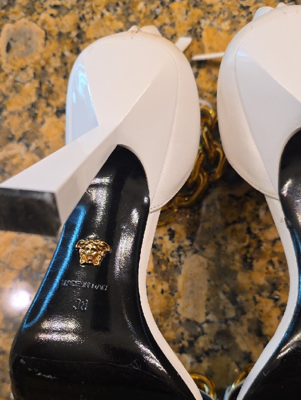 Versace White Heeled Sandals with Gold Chain Accents - Picture 9 of 12